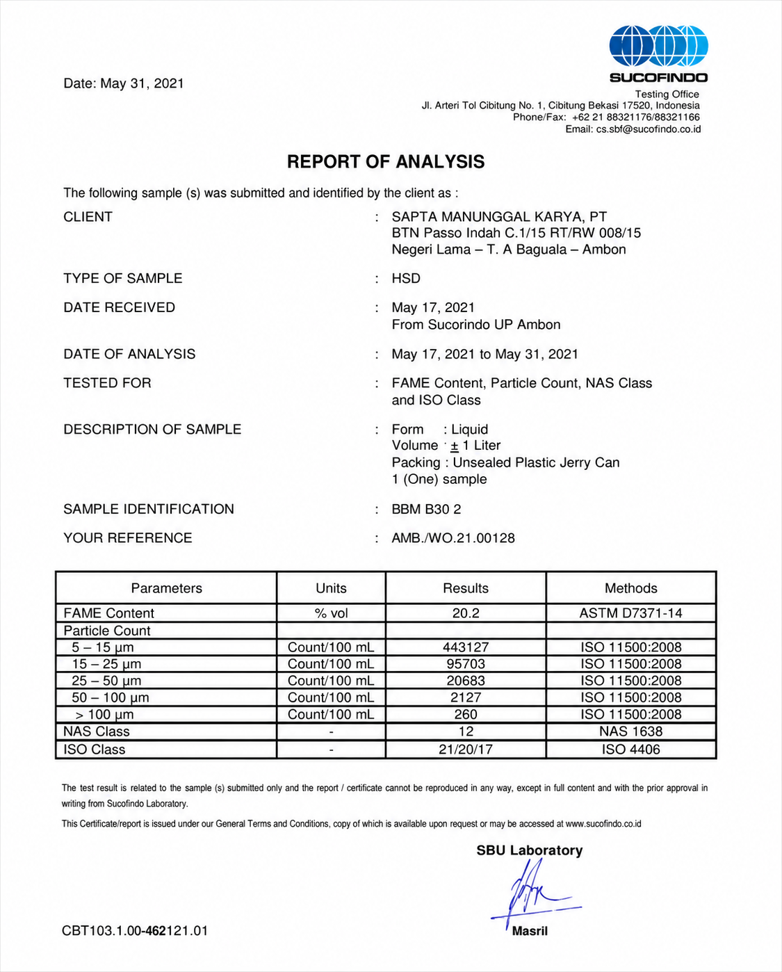 Laboratory Report Before Filtration